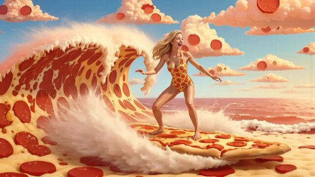 Blonde woman surfing on giant pepperoni pizza wave in surreal food ocean. Panning shot of fantasy summer scene with pepperoni clouds.