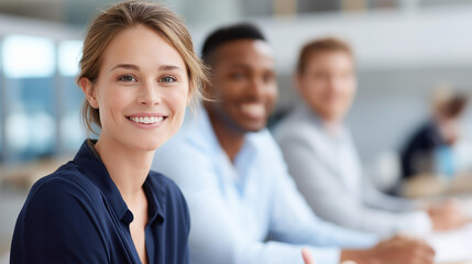 Fototapeta premium Faceless smiling at work meeting, professional enjoyment, team engagement, defocused background, with copy space