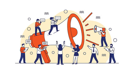 Naklejka premium Vector illustration of people working together with megaphone and speech bubbles
