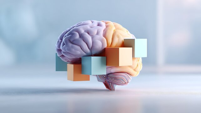 A 3D illustration of a human brain with colorful blocks emerging from it, symbolizing creativity and innovation in a modern workspace.