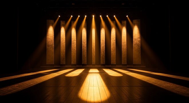 Lit stage with vertical beams and spotlights casting warm shadows on a wooden floor