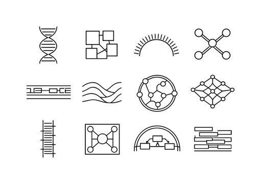 Collection of abstract scientific and technological icons representing data, networks, and structures