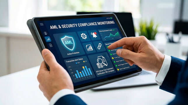 Analyzing aml and security compliance monitoring dashboard on tablet
