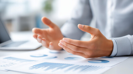 Obraz premium Hands of faceless management consulting expert advising business strategy, operational improvement, performance analysis, organizational growth planning, corporate decision-making