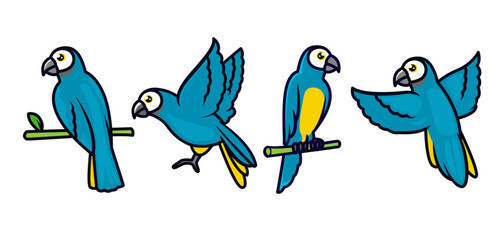 Set of cute blue parrots mascot designs.