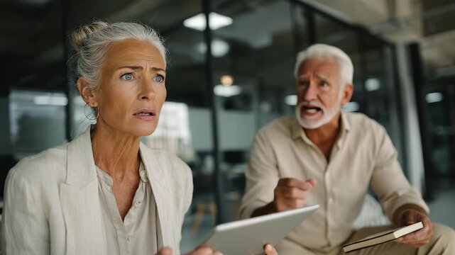 Shocked senior couple looking up, surprised expressions. Mature man and woman react with awe, possibly at airport. Modern interior, travel, retirement lifestyle. Shared moment, connection.