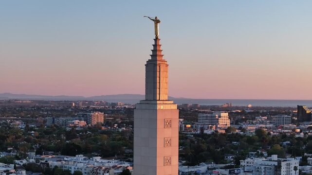 Twilight Aerial of LDS Temple Spire Pacific Ocean Distance