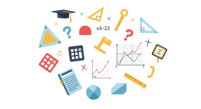 Colorful illustration of various math symbols and objects arranged in a circular pattern on a white background for Math Day celebration and education