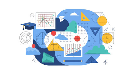 Obraz premium Colorful illustration celebrating Math Day with various shapes, symbols, and educational icons in a vibrant, decorative design