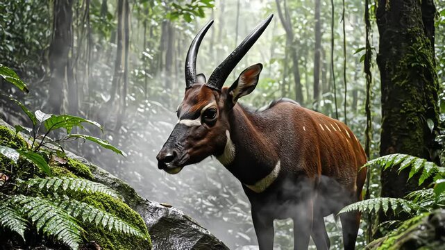 Majestic bongo antelope standing in a misty lush tropical rainforest with ferns and mossy rocks