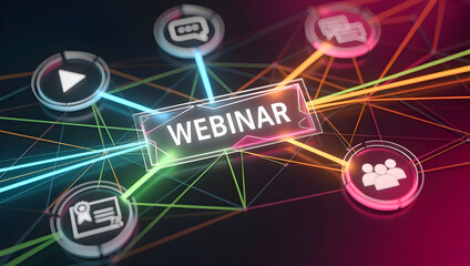 Fototapeta premium Online webinar concept with connected digital icons, virtual meeting, live streaming education, remote training and business communication technology network