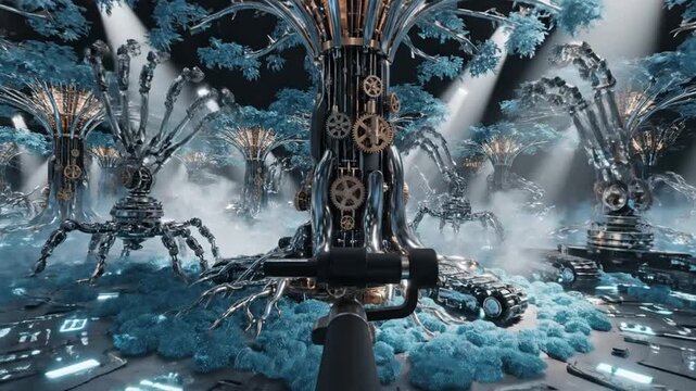Futuristic Robots in Steampunk Landscape.