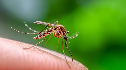 A close-up view of a mosquito perched on a human finger with a blurred green background
