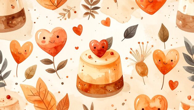 Cute autumn dessert pattern with hearts leaves and sweet cake watercolor painting illustration