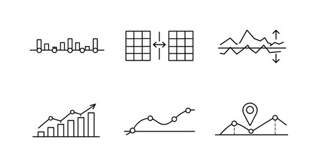 Obraz premium Analytic Features Icons. Line style icons of analytic features: timeline bar, pattern comparison grid, deviation tracker,