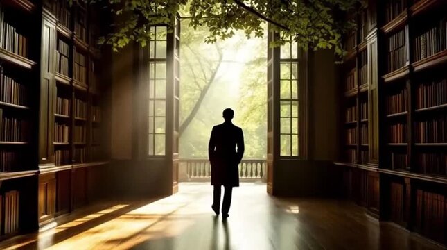 Man standing in library with books and sunlight filtering through trees -  