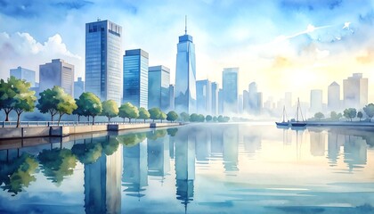 Obraz premium Modern city skyline mirrored across calm river under blue sky watercolor painting illustration