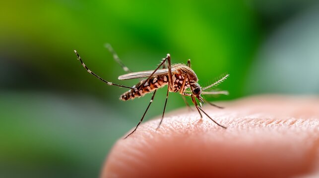 A close-up view of a mosquito perched on a human fingertip with a blurred green background