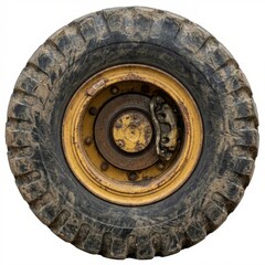 Obraz premium Detailed view of a muddy, heavy-duty vehicle tire with a rusty yellow rim and visible brake caliper, isolated on white. Rugged tread and weathered metal. Industrial, construction.