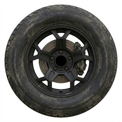 Obraz premium Dirty car wheel and worn tire with a black alloy rim and rusty brake disc, isolated on white. Ideal for automotive repairs, maintenance, and parts.