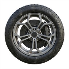 Modern automotive wheel assembly featuring an alloy rim, performance tire, and visible disc brake system, isolated on a clean white background. Perfect for design or repair.