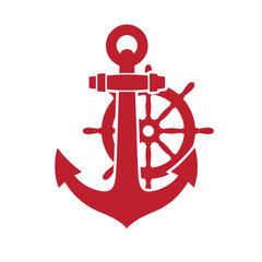 red anchor with ship wheel nautical symbol icon for maritime or sailing related concepts and designs