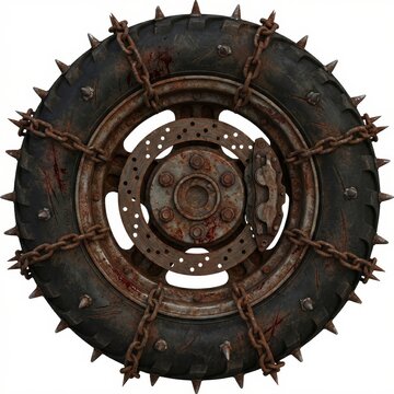 Aggressive, heavily rusted vehicle wheel with menacing metal spikes and heavy chains, evoking a dystopian, zombie survival, or Mad Max aesthetic. Isolated on white.
