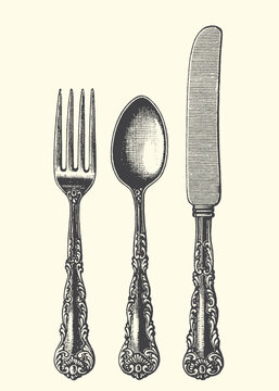 Classic engraved silverware vector illustration showcasing an elegant fork, spoon, and knife with ornate handles, perfect for vintage kitchen and dining graphic design.