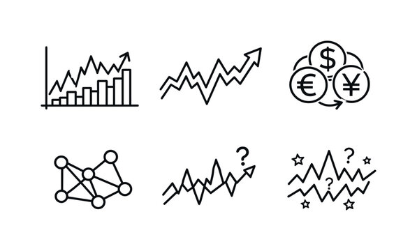 Line style vector icons of economic unpredictability: stock-chart outline, fluctuating-arrow motif, currency-symbol icon, network