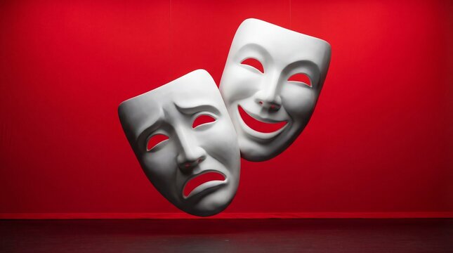 Overhead shot of two classic theater masks on a red background