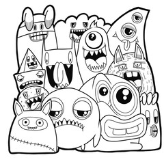 Hand-drawn illustrations, monsters doodle, Hand Drawn cartoon monster illustration,Cartoon crowd doodle hand-drawn Doodle style.black and white stripes coloring  book. © ohhh_photo