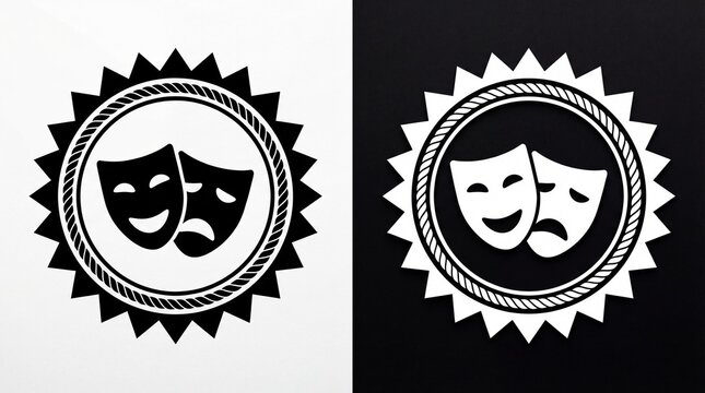 Theater masks symbolizing drama and performance art in a minimalist emblem design