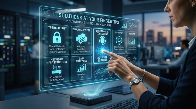 A professional woman interacting with a futuristic digital interface, showcasing IT solutions and technology 