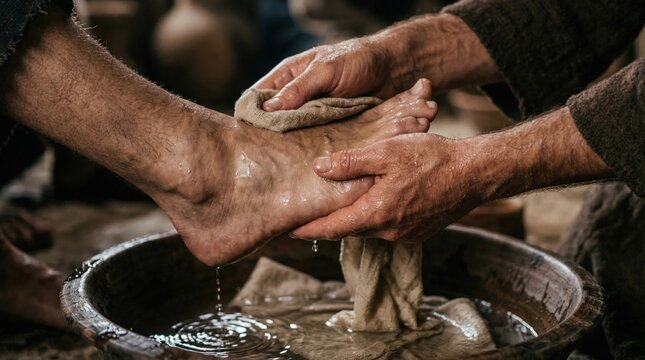 A person's feet are being washed with water by other person. The scene is intimate and displays a sense of humility and service