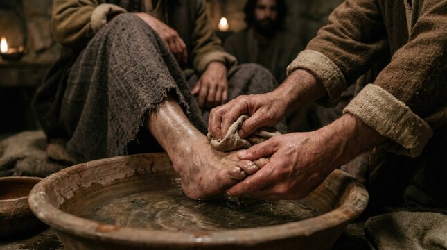 A person's feet being washed by another person's hands in a basin filled with water. The scene is illuminated by candlelight, suggesting a moment of solemn intimacy.