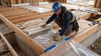 Fototapeta premium A construction worker installing a vapor barrier in a residential building