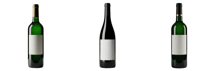 Fototapeta premium Set of Three Green and Dark Glass Wine Bottles with Blank White Labels Isolated on White Background - Elegant Bordeaux and Burgundy Style Bottles for Vineyard and Alcohol Brand Mockups PNG