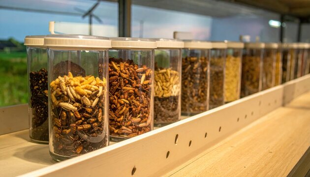 Edible insect farm showcasing specialized breeding containers with diverse larvae and grubs for sustainable protein production.