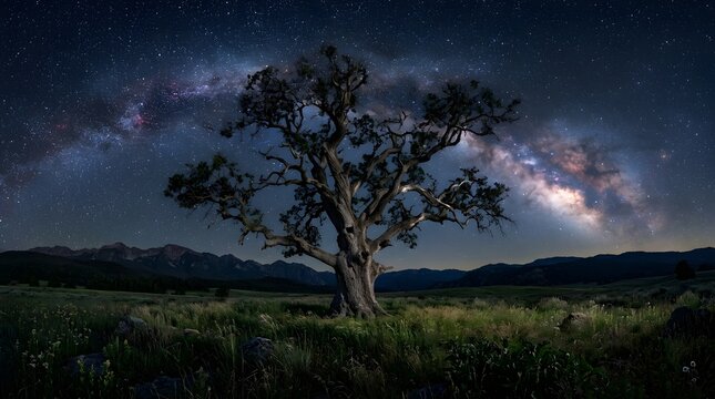 Majestic ancient oak tree stands proudly in a serene grassy field, bathed in the ethereal glow of the spectacular milky way and a vast star-filled night sky.