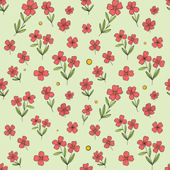 Fototapeta premium Decorative hand drawn seamless floral pattern with red meadow flowers on pale green background