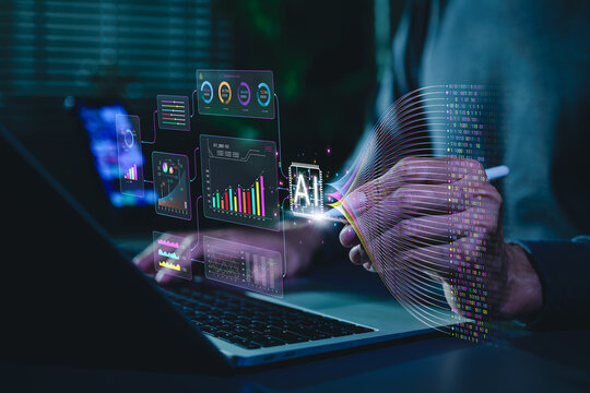 Artificial intelligence data analytics concept. Professional using laptop with dashboard, machine learning charts, real time data processing to generate predictive insights and business intelligence.