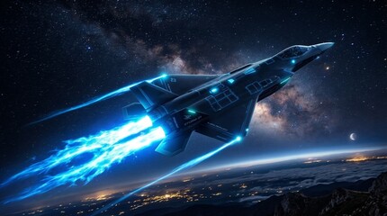 Obraz premium Futuristic jet aircraft with glowing blue engines soaring above Earth into the starry cosmos.