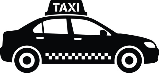Minimal vector silhouette, taxi cab side view with roof sign, solid black, isolated on white background. © Saruf