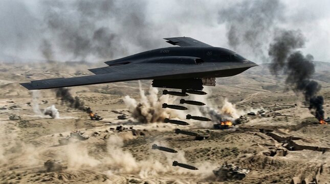 A stealth bomber aircraft releases a barrage of bombs over a desert battlefield, causing explosions and smoke.