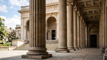 Obraz premium A grand colonnade of a historic building with tall columns and arches on a sunny day
