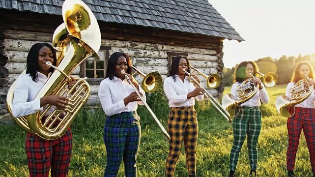 A diverse group of musicians plays brass instruments outdoors near a rustic