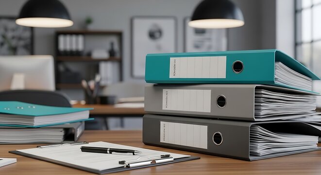 Office desk with stacked binders, clipboard, and workspace in soft focus