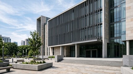 Obraz premium A large modern building with a sleek glass and concrete facade standing in a serene urban setting with trees and benches