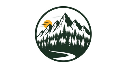 Obraz premium Circular Mountain Adventure Logo with Sun, Pine Forest, and Winding Path
