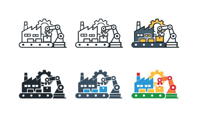 Naklejka premium Industrial workflow symbol illustrating a factory, mechanical gear, robotic arm, and assembly line, expressing production,